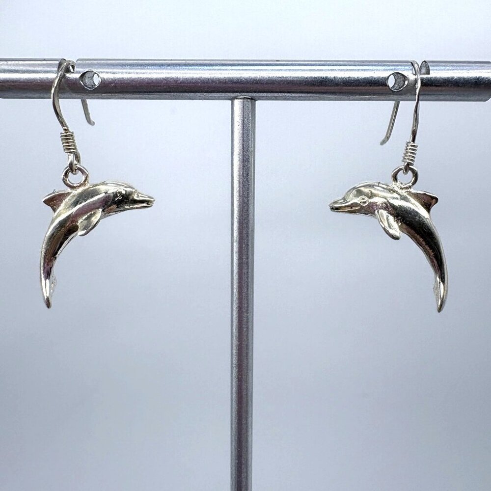 Dolphin Three Dimensional Dangle Earrings Sterling Silver 925 Size 0.75" Length